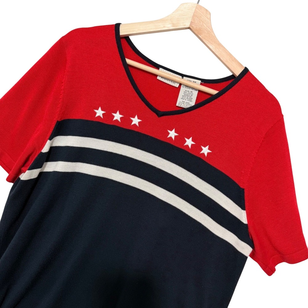 Vintage Womens XL Patriotic Stars‎ Stripes Knit Top Red Navy Americana